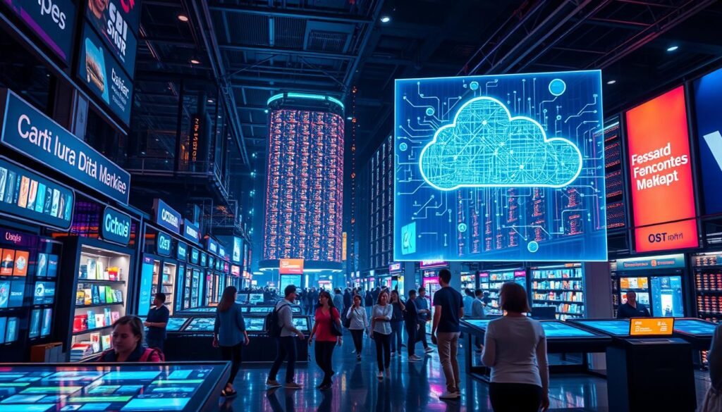 A bustling digital marketplace, neon-lit and teeming with cutting-edge innovations. In the foreground, sleek touchscreen kiosks display a dazzling array of digital products - apps, software, interactive experiences. The midground features a holographic projection of a stylized data visualization, showcasing the interconnected web of e-commerce and cloud-based technologies. In the background, a towering data center glows with the warm hues of its server banks, the beating heart of this digital revolution. Diffused lighting casts a futuristic, immersive atmosphere, while the dynamic camera angle adds a sense of depth and movement, capturing the ever-evolving nature of web-based commerce.