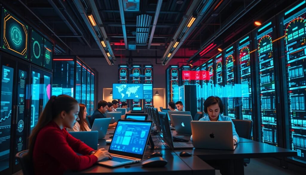 A bustling digital office with a striking, futuristic aesthetic. In the foreground, a team of professionals skillfully operate sleek laptops and tablets, their faces alight with determination as they drive the growth of an online business. The middle ground features an array of vibrant digital displays, visualizing real-time analytics and performance metrics. In the background, towering server racks and glowing data clusters symbolize the powerful infrastructure supporting the scalable digital enterprise. Warm, directional lighting casts dramatic shadows, evoking a sense of momentum and dynamism. The scene is captured through a wide-angle lens, highlighting the scale and interconnectedness of this thriving online operation.