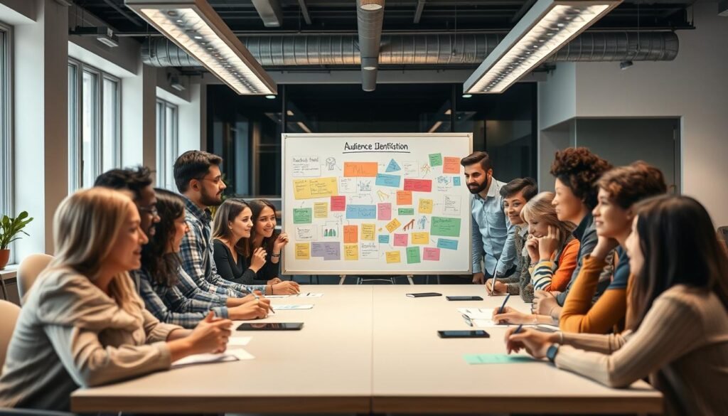 A group of diverse individuals gathered around a table, deep in thought and discussion. The foreground features a collage of personas representing different demographics, ages, and backgrounds, each with unique facial expressions and body language. The middle ground showcases a large whiteboard or digital display, with colorful notes, graphs, and brainstorming elements capturing the process of audience identification. The background sets the scene with a modern, minimalist office space, complete with sleek furniture, warm lighting, and a sense of creative collaboration. The overall atmosphere conveys a sense of focus, engagement, and the discovery of valuable insights.