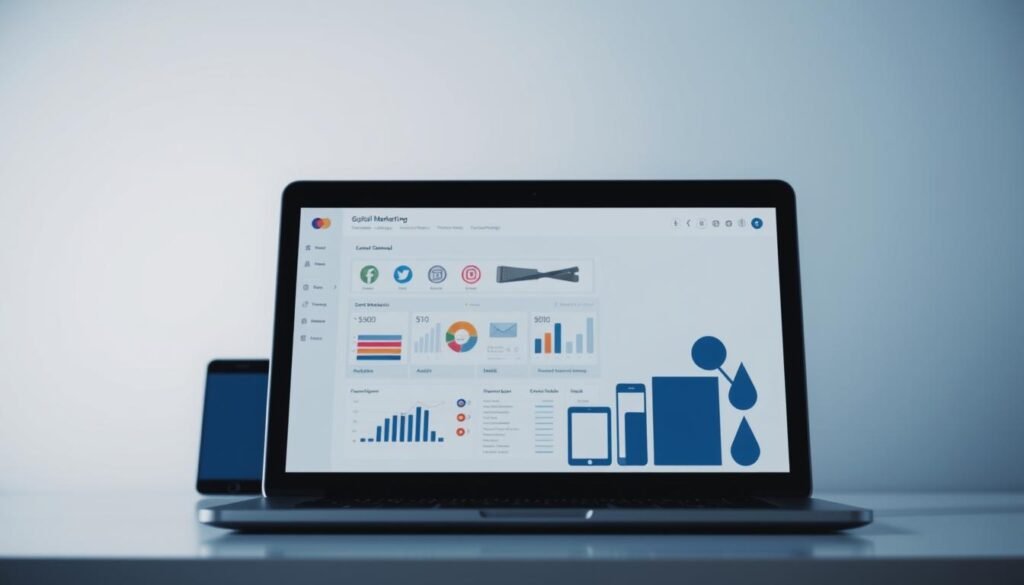 A modern, minimalist digital marketing strategy guide. In the foreground, a sleek, minimalist laptop displaying a dashboard with icons representing various digital marketing channels - social media, SEO, email, analytics, etc. In the middle ground, smart device silhouettes such as smartphones and tablets, symbolizing the importance of multi-device optimization. The background is a soft, blurred gradient in shades of blue and gray, conveying a sense of professionalism and technological sophistication. Gentle, directional lighting from the top left creates depth and highlights the key elements. The overall mood is one of clarity, focus, and the seamless integration of digital marketing tactics.