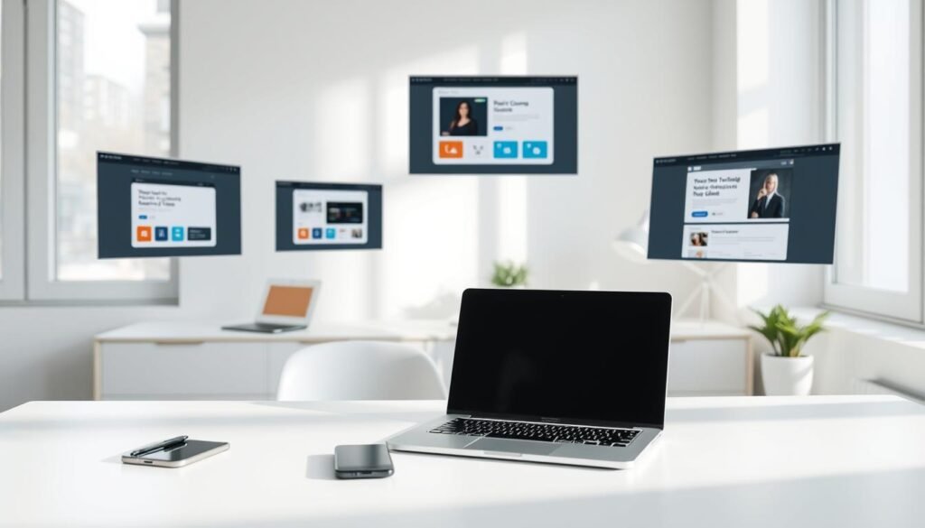 A modern, minimalist home office scene with a laptop, tablet, and smartphone displayed on a clean, white desk. Soft, diffused lighting from large windows illuminates the space, creating a calming, productive atmosphere. In the background, floating screens showcase different online course creation software interfaces, each with a distinct and intuitive design. The overall composition emphasizes the process of researching, evaluating, and selecting the ideal digital course platform, suitable for both novice and experienced course creators.