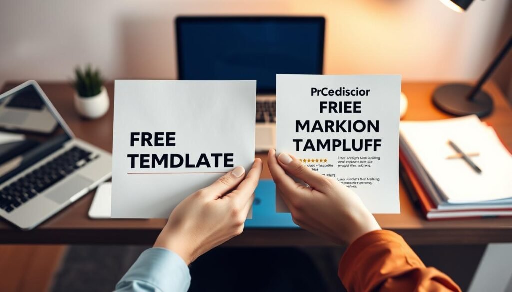 A modern, minimalist office scene with a desk displaying a laptop, a tablet, and a stack of papers arranged neatly. In the foreground, two hands compare a free template printout and a premium design mockup side by side, highlighting the differences in quality and features. The background is softly blurred, with warm lighting casting a professional, focused atmosphere. The composition emphasizes the decision-making process, inviting the viewer to consider the trade-offs between free and paid digital marketing templates.