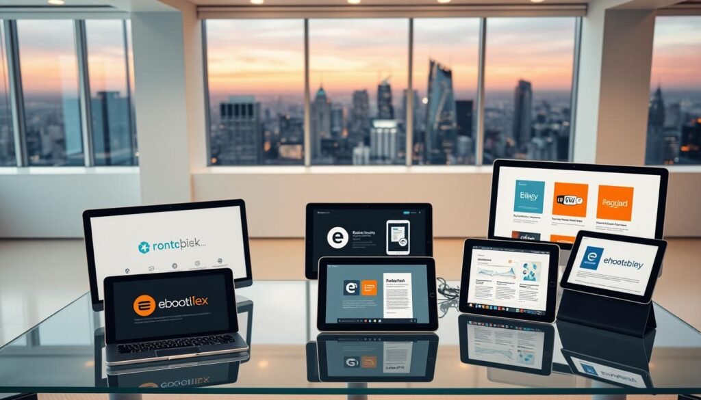 A modern, minimalist workspace with various ebook publishing platforms showcased on sleek desktop computers and digital tablets. The foreground features a glass-topped table with a selection of contemporary devices, each displaying the logos and interfaces of popular ebook publishing services. The middle ground reveals a clean, well-lit office space with large windows overlooking a vibrant city skyline in the background. Indirect lighting casts a warm, professional glow, creating a visually compelling and informative composition that captures the essence of the "Publishing Platforms for eBooks" section.
