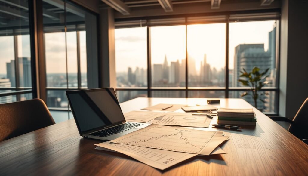 A modern office desk with a laptop, graph paper, and a variety of pricing strategy notes scattered across it. The desk is illuminated by warm, natural lighting filtering in through large windows, casting a cozy glow. In the background, a city skyline is visible, hinting at the larger business context. The overall mood is one of focused contemplation, as the viewer is invited to imagine themselves deep in the process of crafting effective pricing strategies for their digital products.