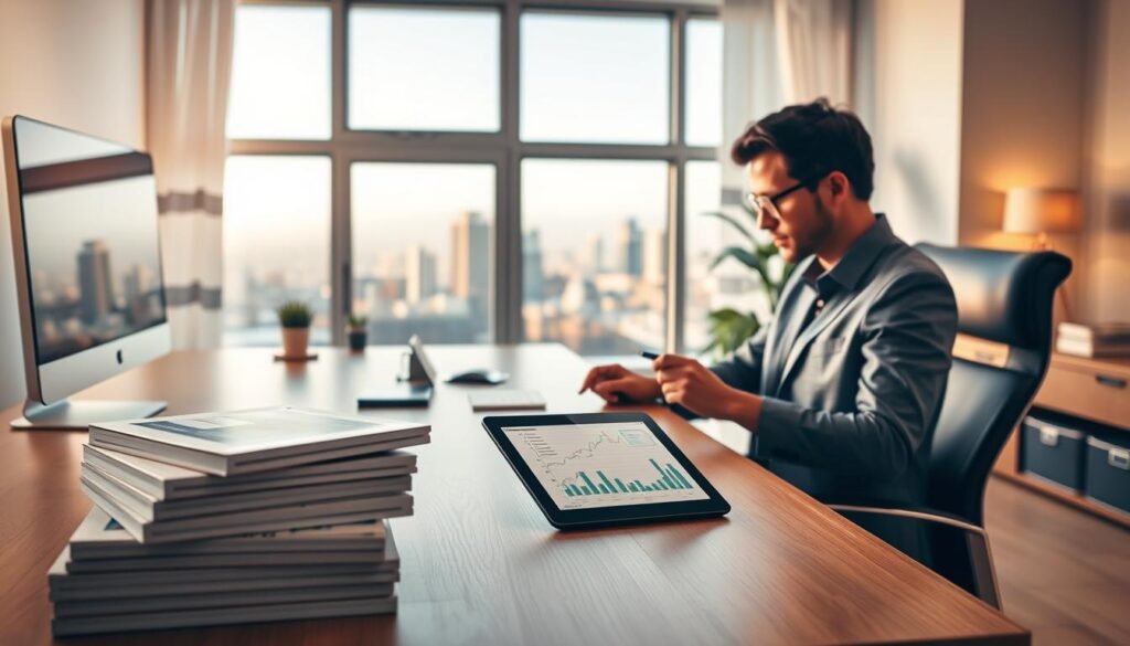 A modern, well-lit home office with an expansive desk, a comfortable chair, and a large computer monitor. In the foreground, a stack of e-books and a tablet displaying sales metrics and charts. The middle ground features a person, dressed professionally, intently studying the data and making notes. The background depicts a window with a scenic cityscape, suggesting a productive and inspiring work environment. The lighting is a warm, soft glow, creating a productive and focused atmosphere. The overall scene conveys the concept of "Maximizing Your eBook Sales" through a thoughtful, data-driven approach in a conducive, professional setting.
