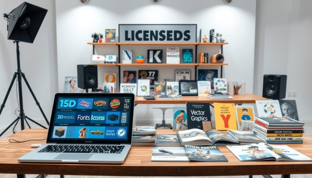 A professional-looking studio setup with a variety of licensed digital assets prominently displayed. In the foreground, a laptop and tablet showcase 3D models, fonts, icons, and other digital creative works. The middle ground features a table with a selection of digital media like ebooks, vector graphics, and stock photos, all neatly organized. The background has a clean, minimalist backdrop with subtle lighting, accentuating the high-quality digital content. The overall scene conveys a sense of productivity, professionalism, and the commercial value of licensed digital products for creators.