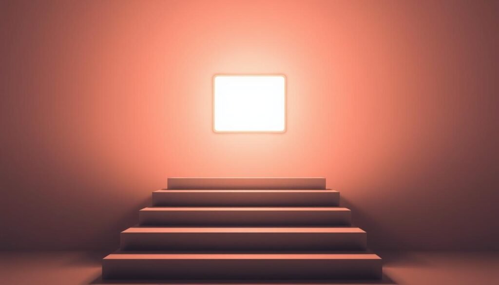 A set of simple, minimalistic steps leading towards a glowing, vibrant digital display against a muted, serene background. The steps are rendered in a clean, modern style with a slight metallic sheen, casting long shadows that add depth and dimensionality. Soft, diffuse lighting from above creates a sense of calm and focus, drawing the viewer's attention to the central elements. The digital display emits a warm, inviting glow, hinting at the potential of the digital products being offered. The overall composition conveys a sense of progress, opportunity, and the seamless integration of the physical and digital realms.