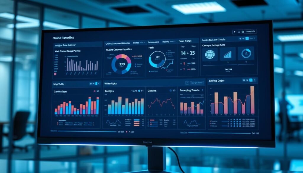 A sleek, modern data visualization dashboard displaying insightful graphs and charts on a glowing, ultrawide computer monitor. The dashboard showcases real-time metrics on online consumer behavior - web traffic, user retention, conversion rates, and emerging industry trends. The screen is bathed in a cool, blue-tinted lighting, creating a minimalist, high-tech atmosphere. The scene is shot from a slight low angle, emphasizing the dashboard's immersive, forward-looking aesthetic. The background is a blurred, out-of-focus office environment, hinting at the broader business context.