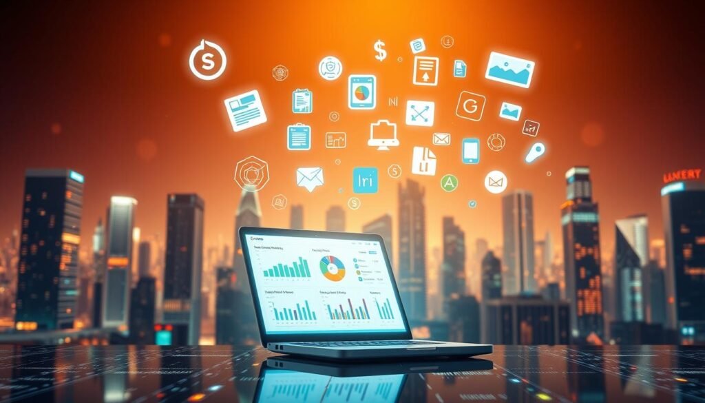 A vibrant digital landscape with a search engine optimization (SEO) theme. In the foreground, a glowing laptop displays web analytics dashboards and optimization tools. Hovering around it are stylized digital icons representing keywords, backlinks, and web traffic metrics. The middle ground features a floating set of digital product icons, symbolizing various e-books, online courses, and software applications. In the background, a cityscape of skyscrapers and servers creates a sense of a dynamic digital ecosystem. The lighting is a warm, futuristic glow, conveying the power and potential of effective SEO strategies for digital product marketing.