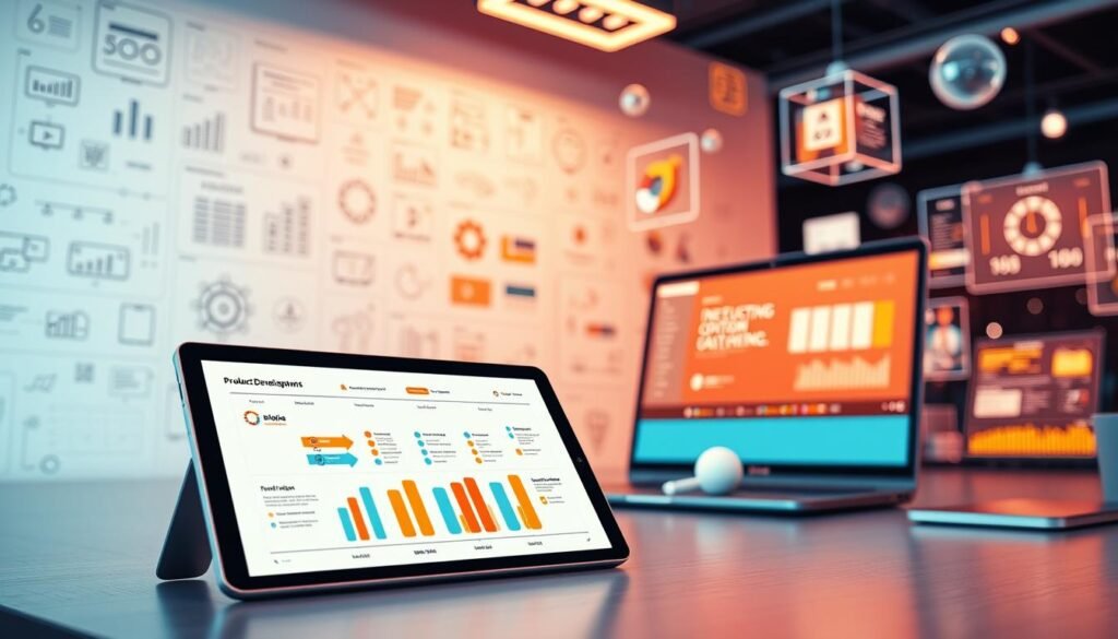 A vibrant digital workspace with sleek tech devices, minimalist UI designs, and dynamic infographic elements. The foreground features a tablet displaying a product development roadmap, surrounded by a halo of creative sketches and wireframes. In the middle ground, a laptop showcases a 3D model of a digital product, while the background is filled with floating data visualizations, coding screens, and futuristic interface panels. Bright, diffused lighting creates a sense of innovation and productivity. The overall mood is one of focused, methodical product creation.