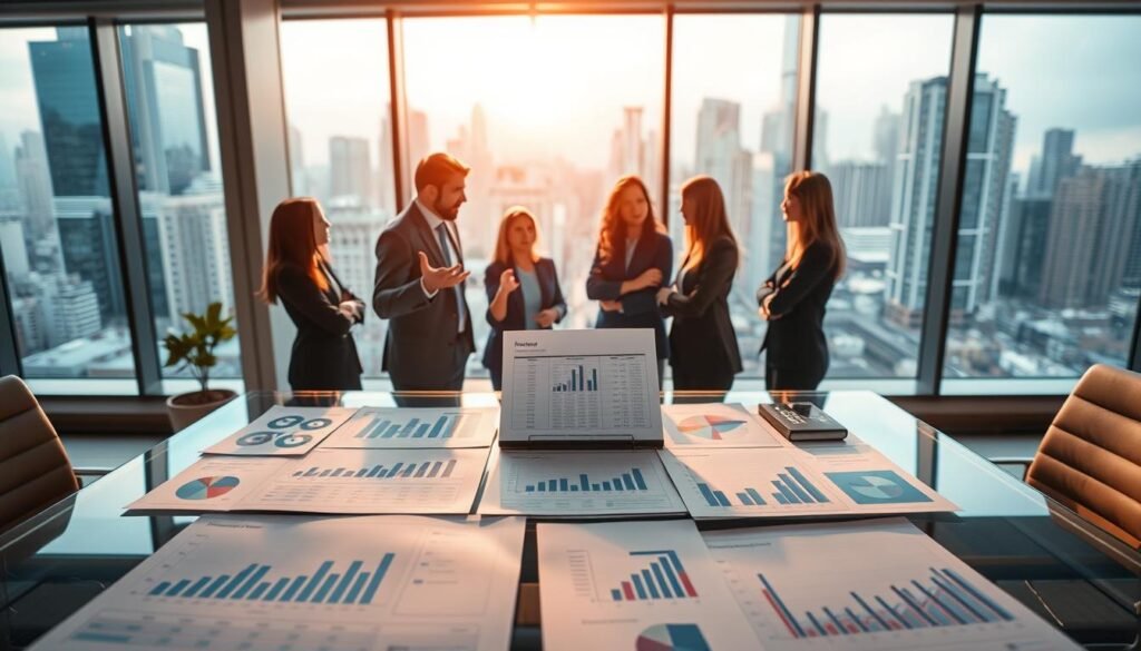 A well-lit office setting, with a glass-topped desk in the foreground. On the desk, various pricing charts, graphs, and financial documents are arranged neatly. In the middle ground, a team of professionals in business attire are engaged in a deep discussion, gesturing towards the desk. The background features a large window overlooking a bustling cityscape, bathed in warm, natural light. The overall atmosphere conveys a sense of strategic planning, data-driven decision-making, and a focus on implementing effective digital product pricing strategies.
