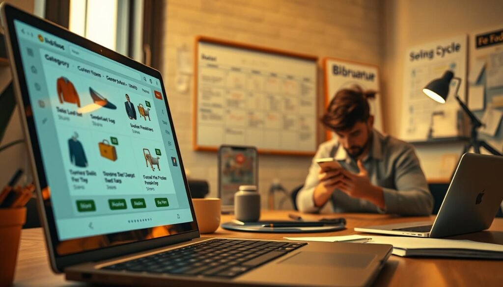 Detailed illustration of essential digital product selling best practices. Foreground depicts an online store interface with curated product listings, organized by category, with clear pricing and 'Buy Now' buttons. Middle ground shows a customer researching product details, reviews, and FAQs on a mobile device. Background features a productivity-focused workspace with a laptop, notes, and a wall calendar highlighting key sales cycles. Warm, inviting lighting accentuates the scene, creating a sense of professionalism and consumer trust. High-resolution, photorealistic rendering with a cinematic camera angle.